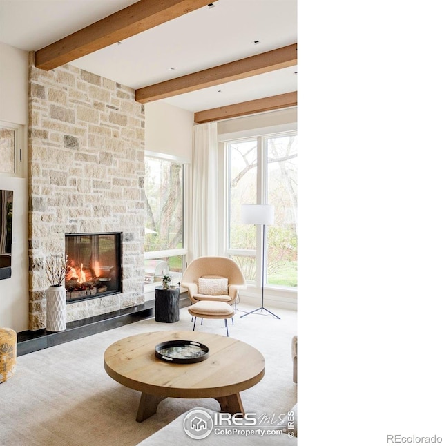 2158 Tamarack Ave, Boulder, CO 80304 - living area featuring a stone fireplace and beam ceiling