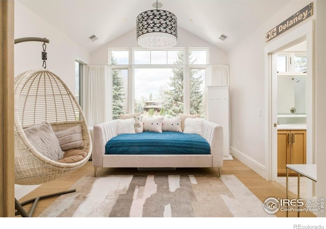 2158 Tamarack Ave, Boulder, CO 80304 - interior space featuring baseboards, visible vents, wood finished floors, and lofted ceiling