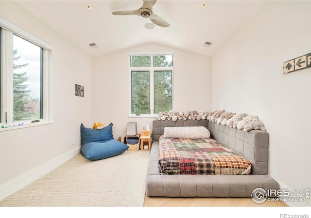 2158 Tamarack Ave, Boulder, CO 80304 - bedroom featuring visible vents, baseboards, ceiling fan, and lofted ceiling