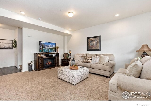 4355 24th Street Rd Unit 202, Greeley, CO 80634 - living room with recessed lighting, carpet flooring, baseboards, and a glass covered fireplace