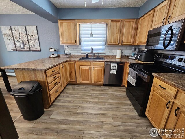 1628 Pheasant Rdg, Sterling, CO 80751 - kitchen with a sink, light wood-style floors, a peninsula, black range with electric cooktop, and dishwashing machine