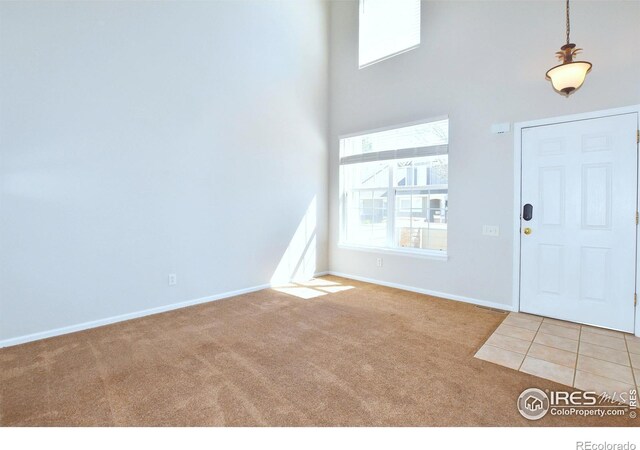 2203 Copper Creek Dr Unit D, Fort Collins, CO 80528 - entryway with baseboards, light carpet, and a towering ceiling