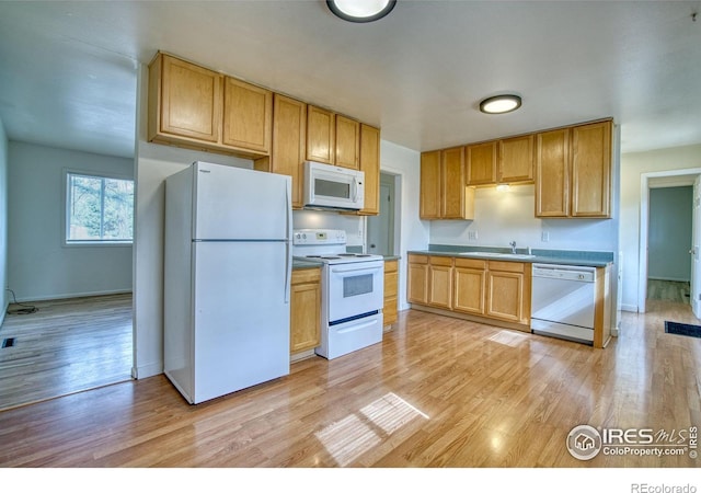 810 34th St, Boulder, CO 80303 - kitchen featuring a sink, light wood finished floors, white appliances, and visible vents