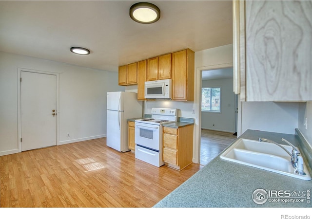 810 34th St, Boulder, CO 80303 - kitchen featuring a sink, baseboards, light wood-style floors, and white appliances