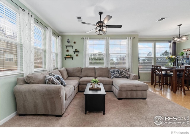 12820 King St, Broomfield, CO 80020 - living area with ornamental molding, healthy amount of natural light, baseboards, and a ceiling fan