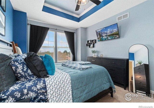 12820 King St, Broomfield, CO 80020 - bedroom featuring a tray ceiling, carpet floors, ceiling fan, and crown molding