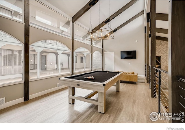 4475 Laguna Pl Unit 206, Boulder, CO 80303 - recreation room featuring baseboards, beam ceiling, light wood finished floors, billiards table, and high vaulted ceiling