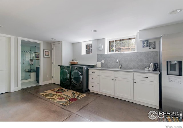 845 14th St, Boulder, CO 80302 - laundry room with a sink, recessed lighting, cabinet space, and washer and dryer