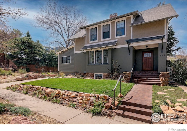 845 14th St, Boulder, CO 80302 - view of front of house featuring fence, a chimney, stucco siding, and a front lawn