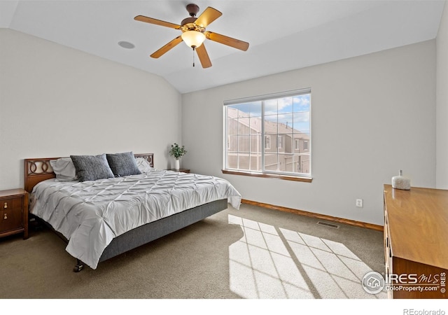 4822 Raven Run, Broomfield, CO 80023 - bedroom featuring a ceiling fan, visible vents, light colored carpet, baseboards, and lofted ceiling