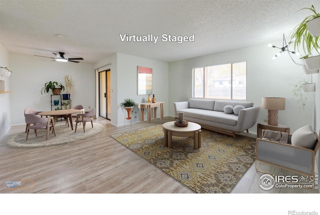 living room featuring baseboards, a textured ceiling, and wood finished floors