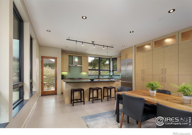 451 Red Gulch Rd, Lyons, CO 80540 - dining space featuring recessed lighting, rail lighting, plenty of natural light, and light tile patterned floors