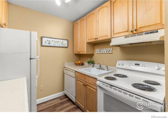 kitchen featuring dark wood-style flooring, a sink, baseboards, under cabinet range hood, and white appliances