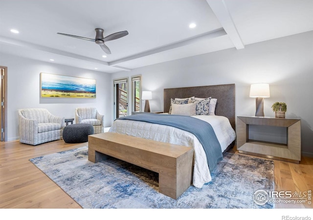 50 Wildwood Ln, Boulder, CO 80304 - bedroom with wood finished floors, recessed lighting, beam ceiling, and a ceiling fan