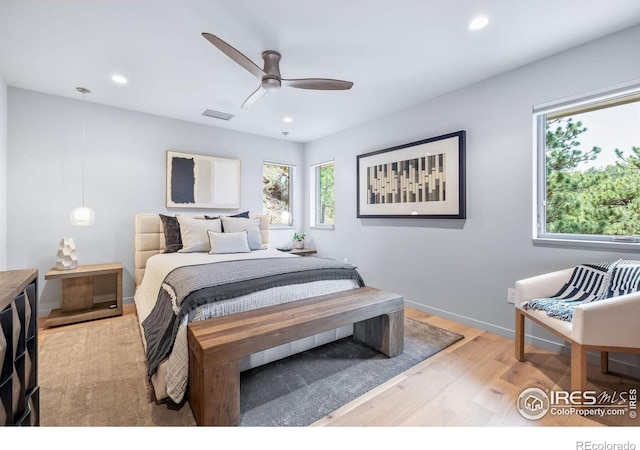 50 Wildwood Ln, Boulder, CO 80304 - bedroom with light wood-style floors, recessed lighting, and a ceiling fan