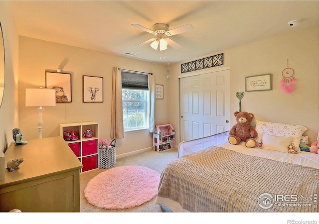 2927 Percheron Dr, Fort Collins, CO 80525 - bedroom with visible vents, a closet, light carpet, baseboards, and a ceiling fan
