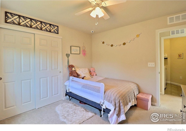 2927 Percheron Dr, Fort Collins, CO 80525 - carpeted bedroom with a ceiling fan, baseboards, visible vents, and a closet