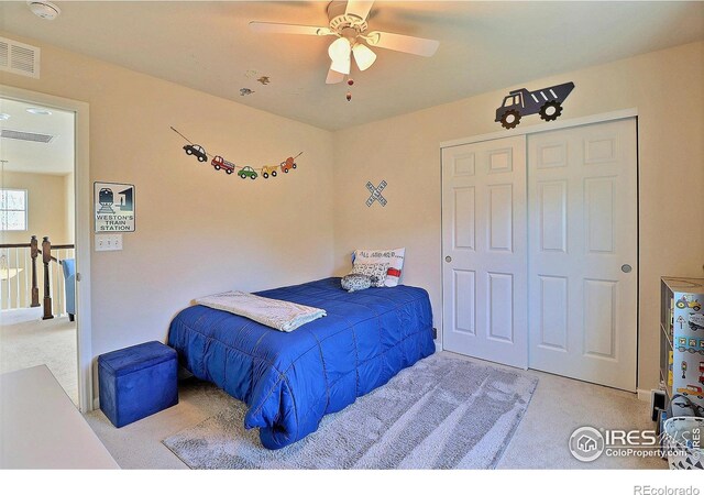 2927 Percheron Dr, Fort Collins, CO 80525 - carpeted bedroom featuring a ceiling fan, a closet, and visible vents