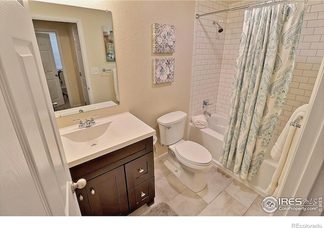 2927 Percheron Dr, Fort Collins, CO 80525 - bathroom featuring vanity, toilet, baseboards, shower / bathtub combination with curtain, and tile patterned floors