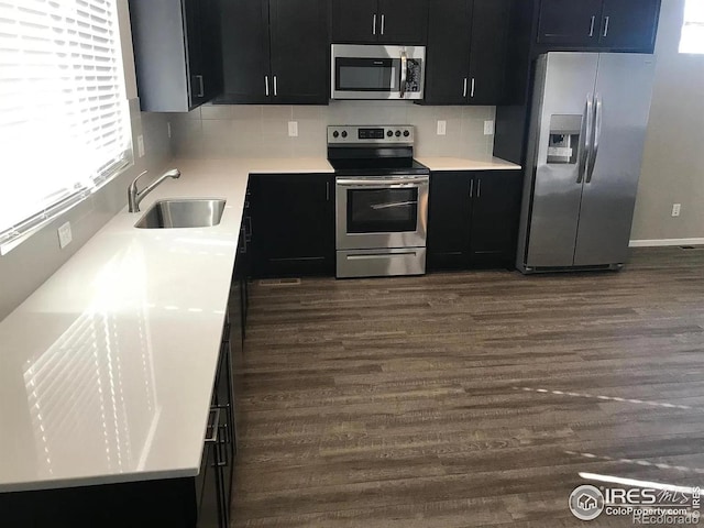 4672 Clear Creek Dr, Longmont, CO 80504 - kitchen featuring appliances with stainless steel finishes, a sink, dark wood finished floors, and healthy amount of natural light