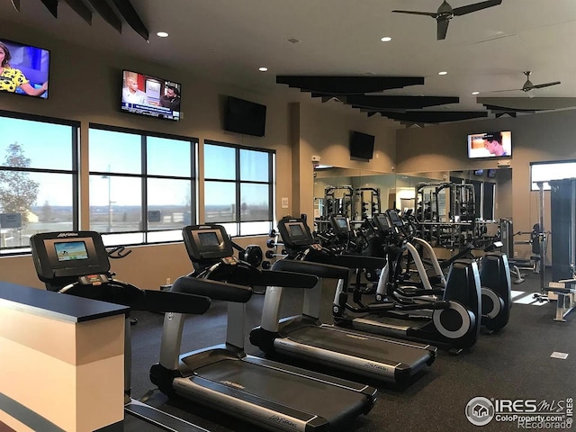 4672 Clear Creek Dr, Longmont, CO 80504 - gym featuring a ceiling fan and recessed lighting