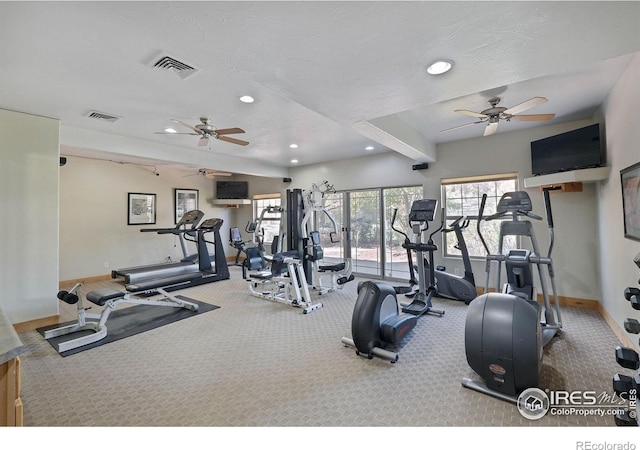 5775 29th St Unit 101, Greeley, CO 80634 - gym with ceiling fan, carpet floors, recessed lighting, baseboards, and visible vents