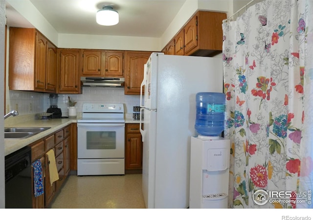 910 H Ave, Limon, CO 80828 - kitchen with white appliances, brown cabinets, under cabinet range hood, and a sink