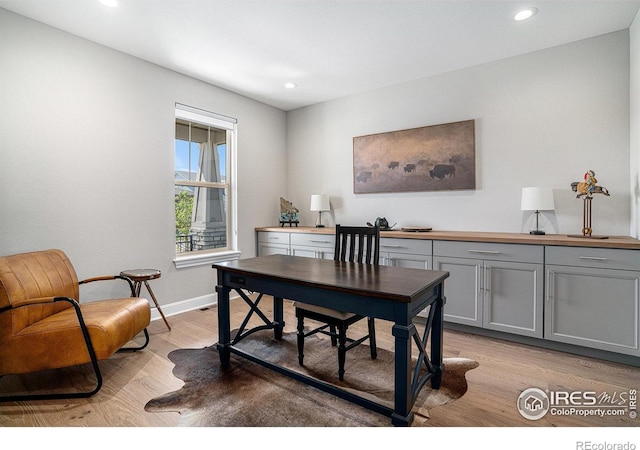 3295 Heron Lakes Pkwy, Berthoud, CO 80513 - office area with recessed lighting, baseboards, and light wood finished floors