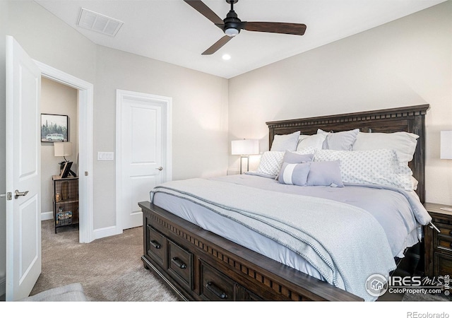 3295 Heron Lakes Pkwy, Berthoud, CO 80513 - bedroom with ceiling fan, light carpet, recessed lighting, baseboards, and visible vents