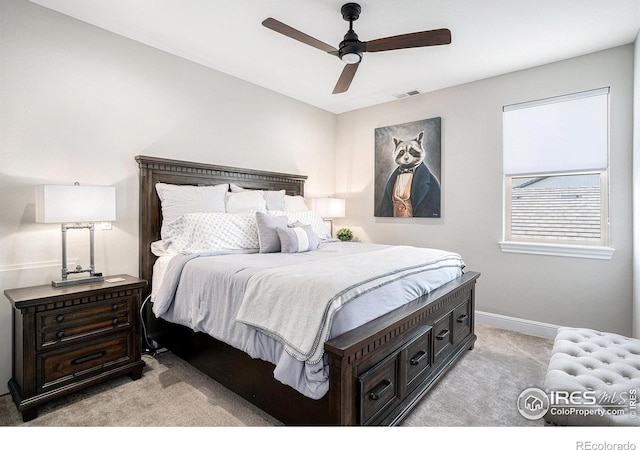 3295 Heron Lakes Pkwy, Berthoud, CO 80513 - bedroom featuring baseboards, ceiling fan, light carpet, and visible vents