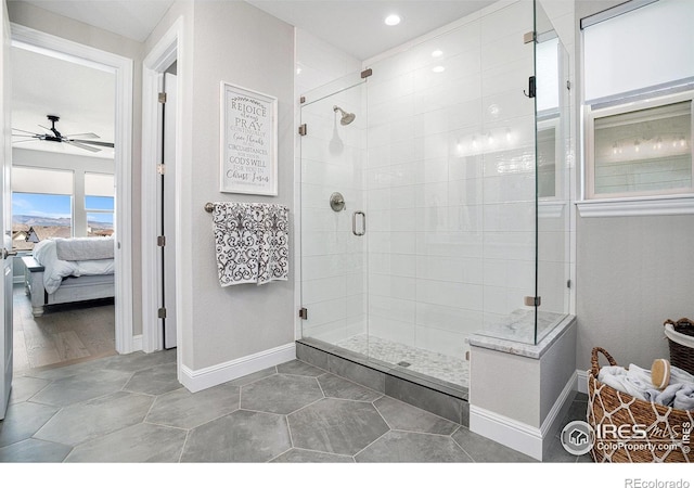 3295 Heron Lakes Pkwy, Berthoud, CO 80513 - full bath featuring ensuite bath, a ceiling fan, baseboards, recessed lighting, and a stall shower