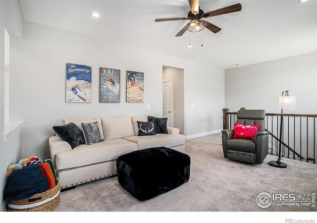 3295 Heron Lakes Pkwy, Berthoud, CO 80513 - living area with carpet floors, a ceiling fan, baseboards, and recessed lighting