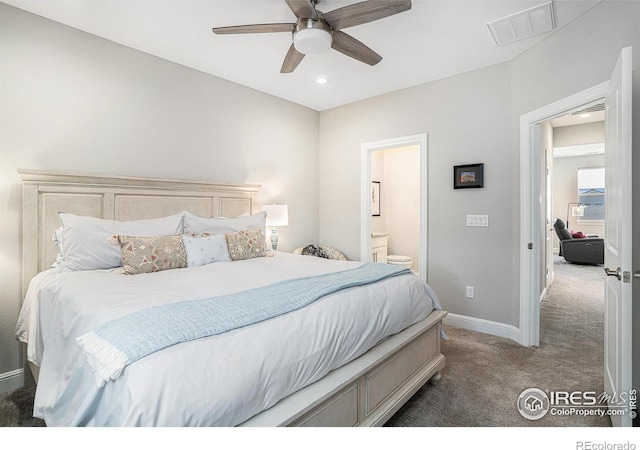 3295 Heron Lakes Pkwy, Berthoud, CO 80513 - carpeted bedroom with ceiling fan, visible vents, baseboards, ensuite bathroom, and recessed lighting