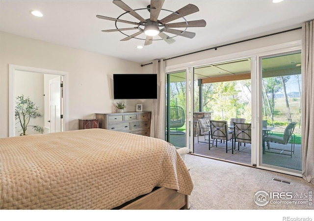 bedroom featuring visible vents, recessed lighting, and access to exterior