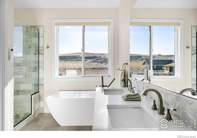 bathroom featuring tile patterned flooring, a sink, a stall shower, and a soaking tub