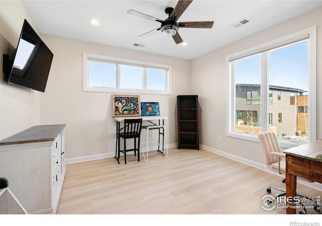 office with visible vents, plenty of natural light, and light wood-type flooring