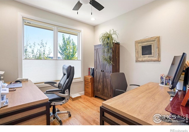 office with recessed lighting, a ceiling fan, and light wood finished floors