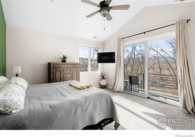 bedroom with carpet flooring, ceiling fan, access to exterior, lofted ceiling, and visible vents