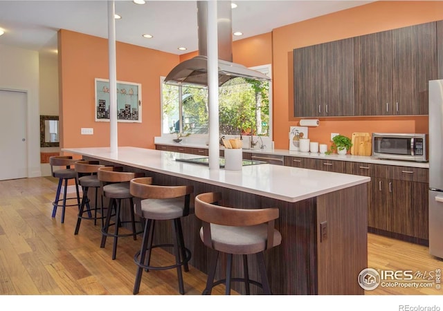 kitchen with a large island, light countertops, island exhaust hood, light wood-style flooring, and stainless steel appliances
