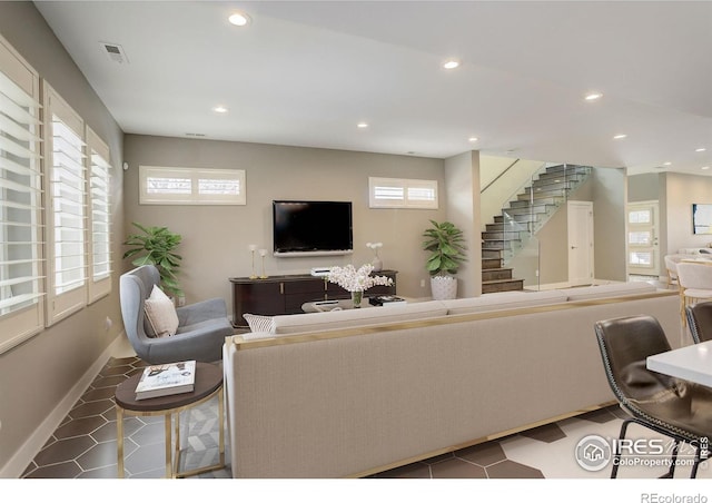 2624 S Race St, Denver, CO 80210 - living room featuring recessed lighting, stairs, and baseboards