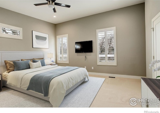 2624 S Race St, Denver, CO 80210 - bedroom featuring light colored carpet, recessed lighting, baseboards, and ceiling fan
