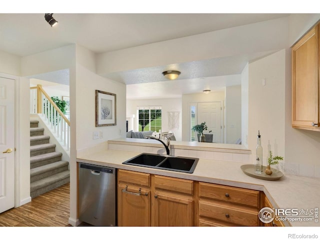 kitchen featuring a sink, light countertops, wood finished floors, and dishwasher