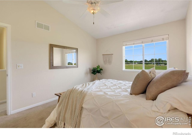 2120 Timber Creek Dr Unit H4, Fort Collins, CO 80528 - bedroom with visible vents, lofted ceiling, baseboards, ceiling fan, and carpet