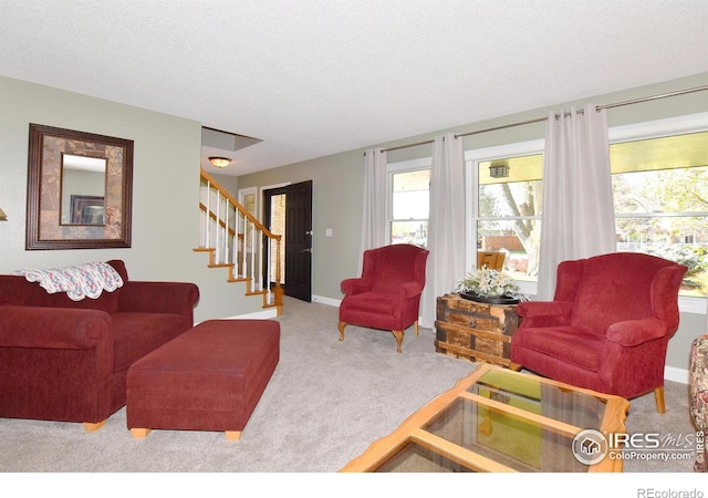 1021 Pinyon Dr, Windsor, CO 80550 - living room featuring carpet floors, baseboards, and stairs