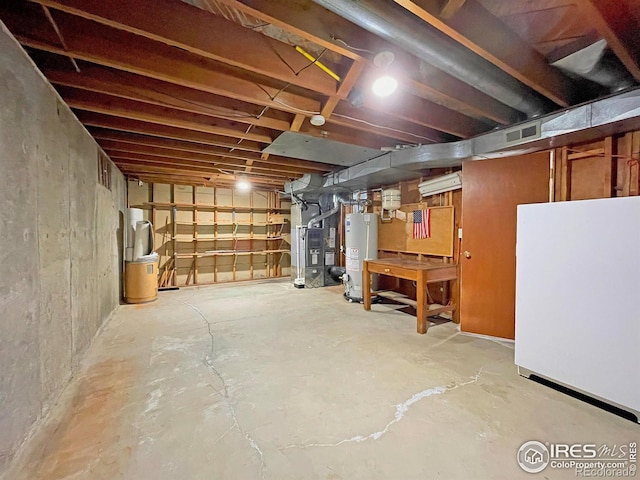 821 36th Ave, Greeley, CO 80634 - unfinished basement with water heater, refrigerator, and heating unit