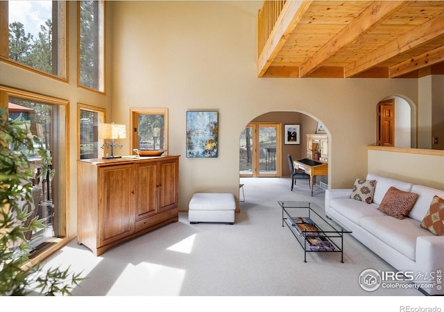 187 Rocky Knob Ln, Nederland, CO 80466 - living area featuring light colored carpet, arched walkways, and beamed ceiling