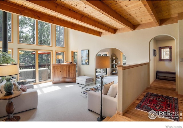 187 Rocky Knob Ln, Nederland, CO 80466 - living area featuring arched walkways, wooden ceiling, beam ceiling, and wood finished floors