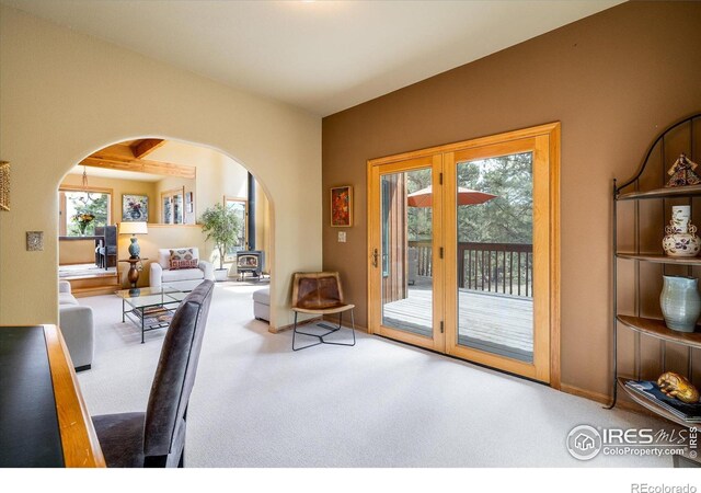 187 Rocky Knob Ln, Nederland, CO 80466 - interior space featuring carpet flooring, arched walkways, baseboards, and a wood stove