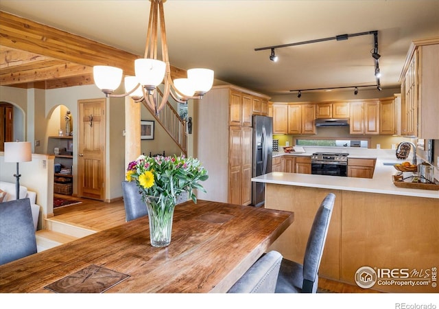 187 Rocky Knob Ln, Nederland, CO 80466 - kitchen featuring light countertops, under cabinet range hood, a sink, light wood finished floors, and appliances with stainless steel finishes