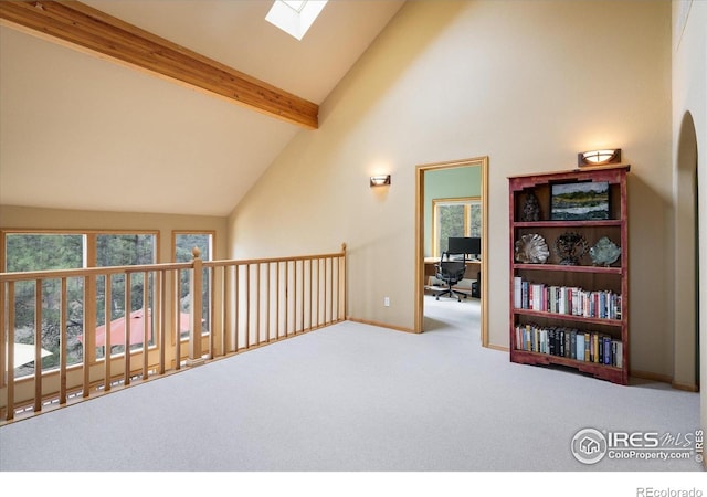 187 Rocky Knob Ln, Nederland, CO 80466 - interior space featuring plenty of natural light, carpet flooring, a skylight, and beamed ceiling
